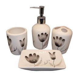 Set baie ceramic, flori negre, 4 piese