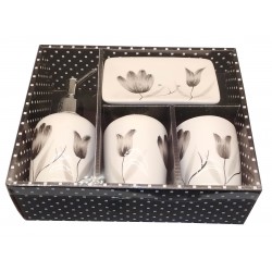 Set baie ceramic, flori negre, 4 piese