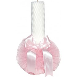 Lumanare botez ormata, 6*35 cm , din foita de fagure alb, pentru fete, roz-pudra